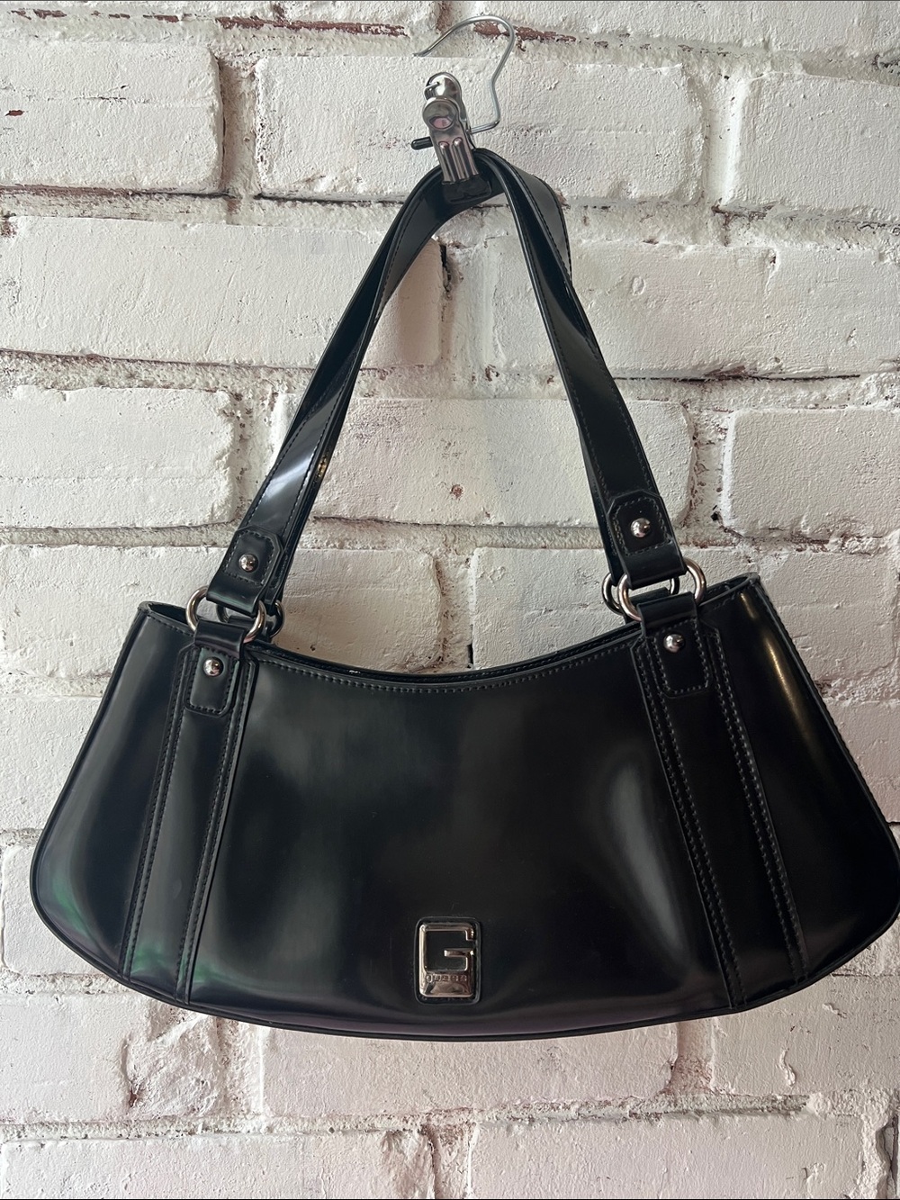 Guess Black Patent Shoulder Bag with Silver-Tone Hardware